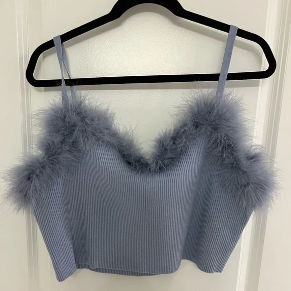 CIDER | Curve & Plus Size Classic Blue Tank with Fur Trim - Picture 2 of 5